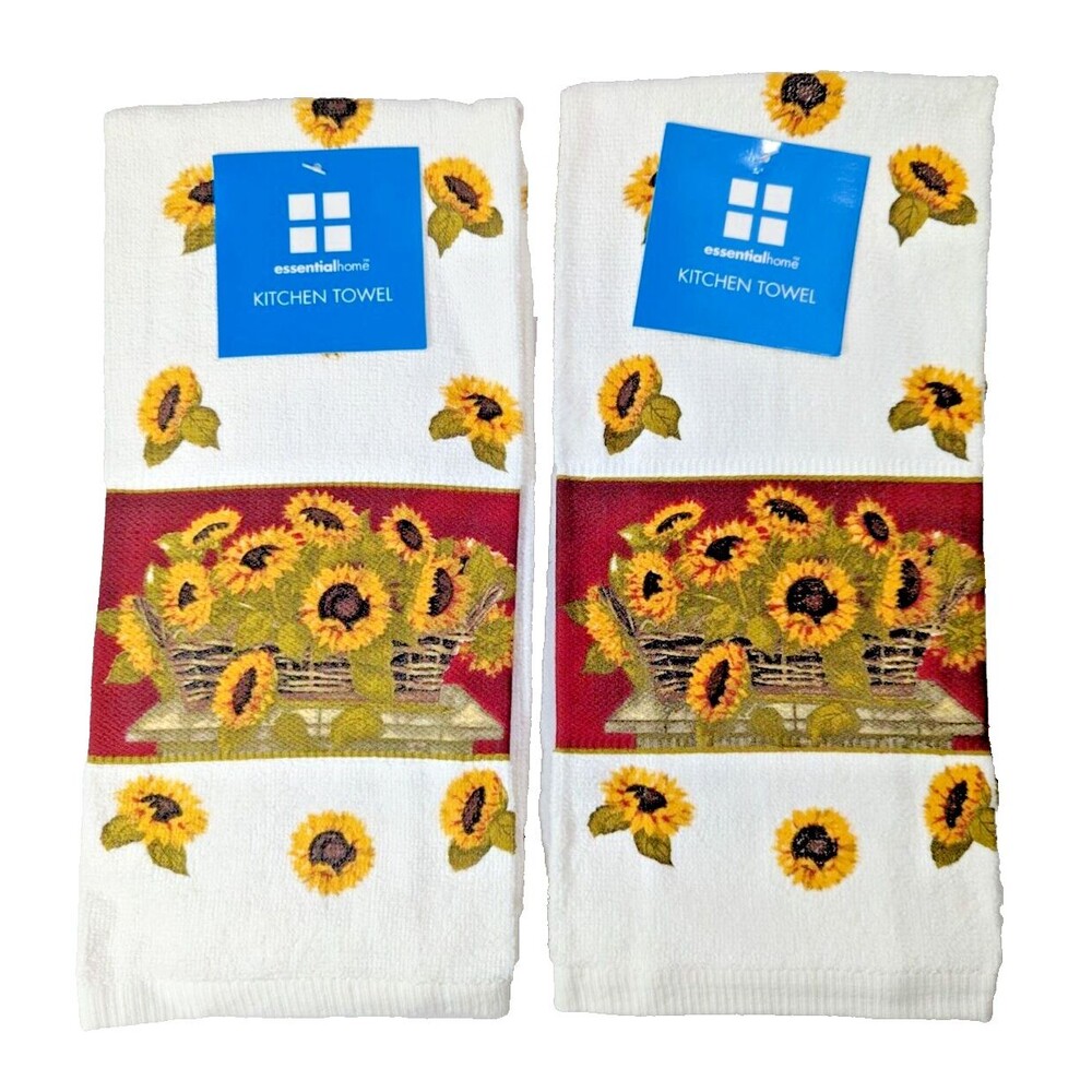 Sunflower Basket Kitchen Towels 2pc Cotton Yellow Brown Green White Gift NEW
